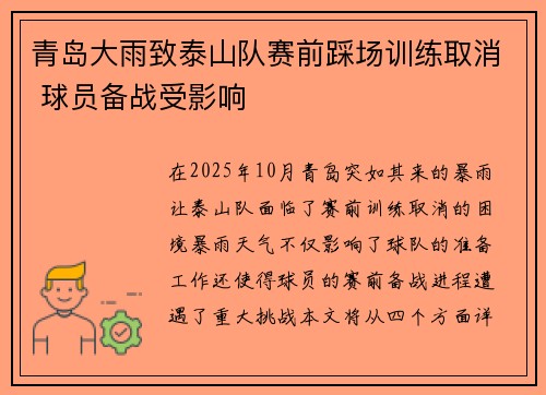 青岛大雨致泰山队赛前踩场训练取消 球员备战受影响