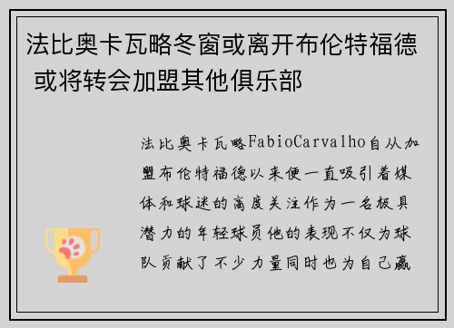 法比奥卡瓦略冬窗或离开布伦特福德 或将转会加盟其他俱乐部